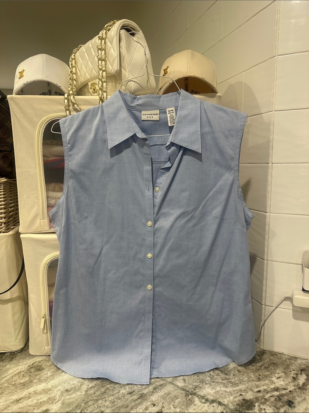 Covington Light Blue Sleeveless Button-Down Blouse